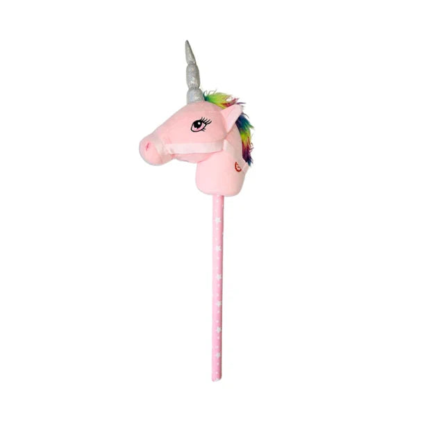Pink/Rainbow Plush Hobby Horse Unicorn with Neighing Sound